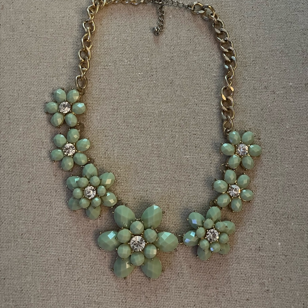 Mint green statement necklace with glass chips. Gold. 9.5”.